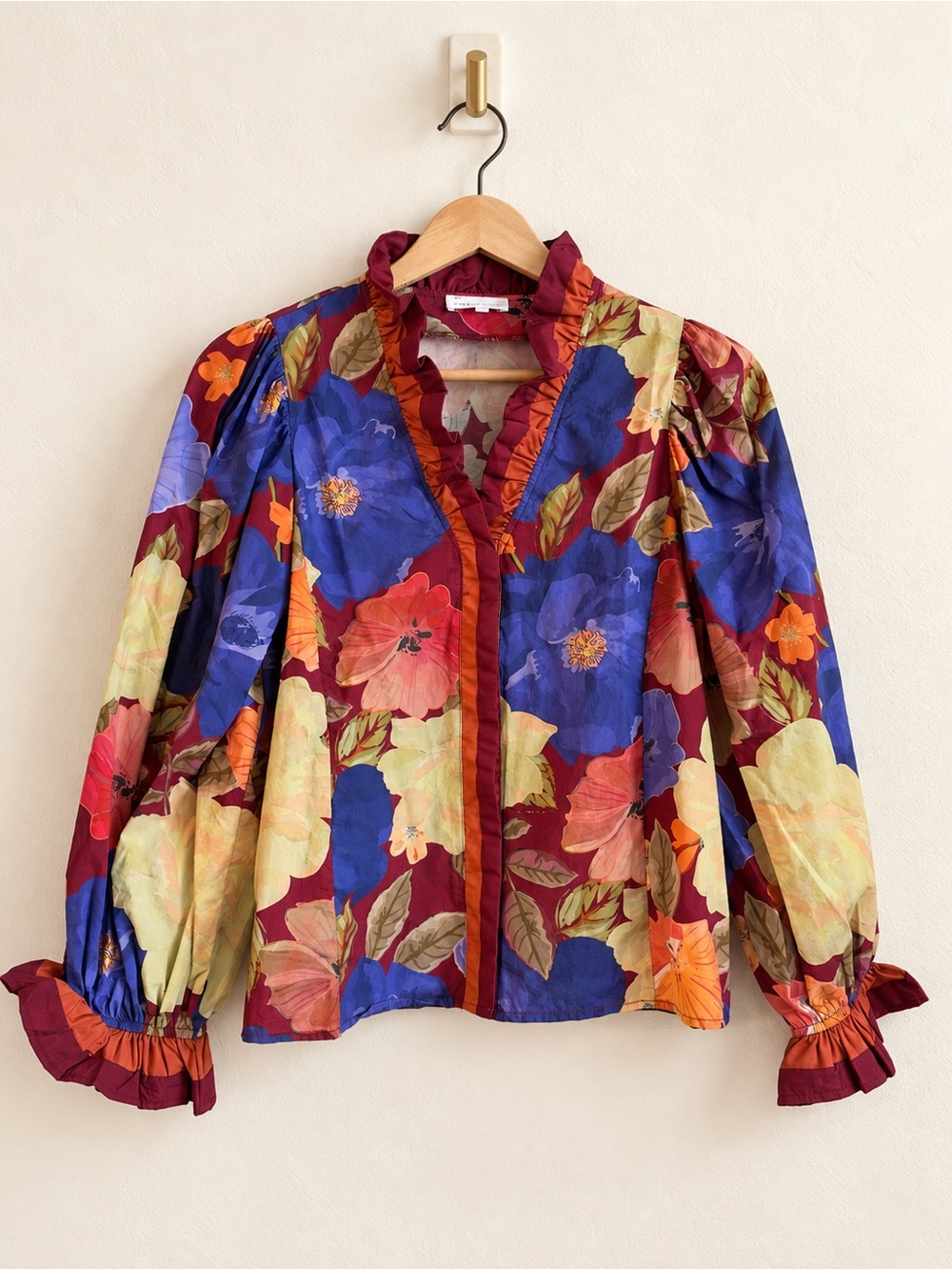 Entro Floral Ruffle Blouse Small Burgundy Puff Sleeve 100% Cotton Boho Top